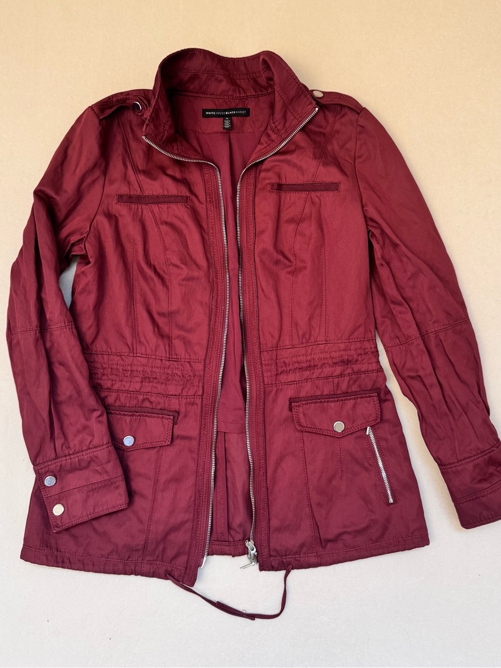 WHBM Utility Field Jacket Cranberry Red Cinched Waist Zip Size 6